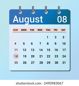 August 18. Flat icon calendar isolated on blue background. Date and month vector illustration