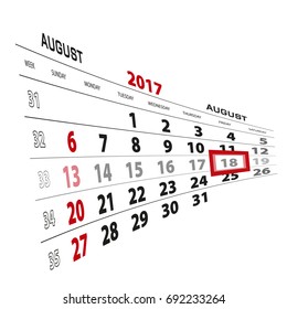 August 18, highlighted on 2017 calendar. Week starts from Sunday. Vector Illustration.
