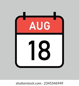 august 18, red and white color calendar page with black outline, calendar date vector illustration