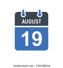 August 19 Calendar Date Icon, Event Date Icon, Calendar Date, Icon Design Vector Graphic