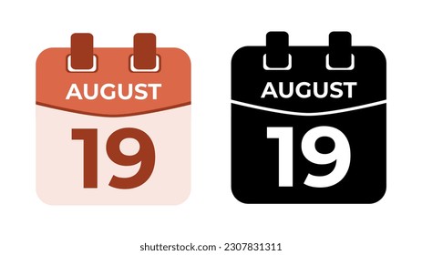 August 19 flat daily spiral calendar icon date in two vector mode, matching color and black fill. Perfect for design material, such as event or reminder. The best editable graphic resources.