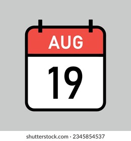 august 19, red and white color calendar page with black outline, calendar date vector illustration