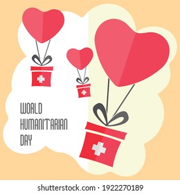 August 19. World Humanitarian Day. Panel with balloon boxes and clouds