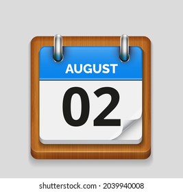 August 2 blue daily realistic calendar with wooden frame icon date vector image