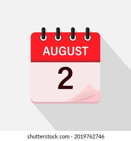 August 2, Calendar icon with shadow. Day, month. Flat vector illustration.