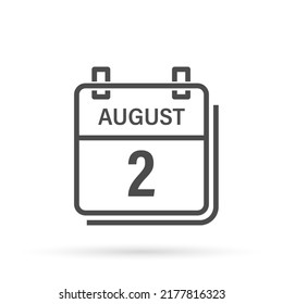August 2, Calendar icon with shadow. Day, month. Flat vector illustration.
