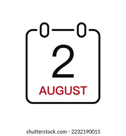 August 2 date on the calendar, vector line stroke icon for user interface. Calendar with date, vector illustration.