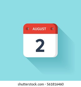 August 2. Isometric Calendar Icon With Shadow.Vector Illustration,Flat Style.Month and Date.Sunday,Monday,Tuesday,Wednesday,Thursday,Friday,Saturday.Week,Weekend,Red Letter Day. Holidays 2017.