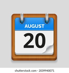 Día azul 20 de agosto calendario realista con fecha de icono de marco de madera imagen vectorial