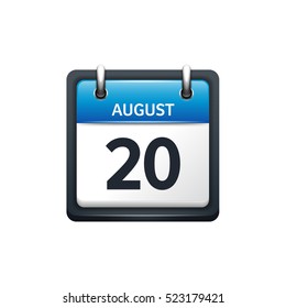 August 20. Calendar icon.Vector illustration,flat style.Month and date.Sunday,Monday,Tuesday,Wednesday,Thursday,Friday,Saturday.Week,weekend,red letter day. 2017,2018 year.Holidays.