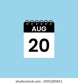 August 20 calendar reminder. 20th August Date Month calendar icon design template.