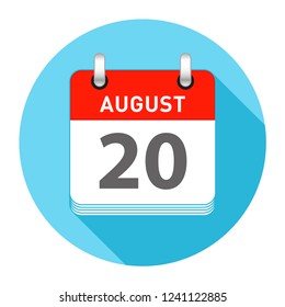 August 20 Date on a Single Day Calendar in Flat Style with long flat shadow on a blue background