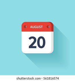 August 20. Isometric Calendar Icon With Shadow.Vector Illustration,Flat Style.Month and Date.Sunday,Monday,Tuesday,Wednesday,Thursday,Friday,Saturday.Week,Weekend,Red Letter Day. Holidays 2017.