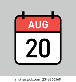 20 de agosto, página de calendario en color rojo y blanco con contorno negro, ilustración vectorial de fecha de calendario