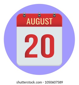 August 20. Vector flat daily calendar icon. Date and time, day, month 2018. Holiday. Season.