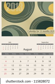 August. 2013 Calendar. Optima fonts used. A3