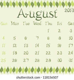 August 2013 calendar vector illustration template leaves design