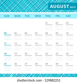 August 2013 planning calendar with space for notes. Checked blue texture in background.