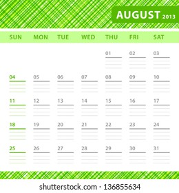 August 2013 planning calendar with space for notes. Checked green texture in background.