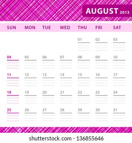 August 2013 planning calendar with space for notes. Checked pink texture in background.