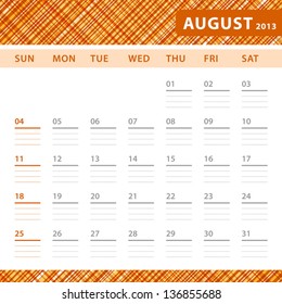 August 2013 planning calendar with space for notes. Checked orange texture in background.