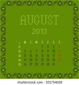 August 2013. Vintage calendar.