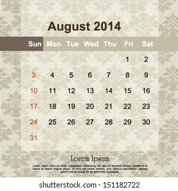 August 2014 calendar design, vector illustration