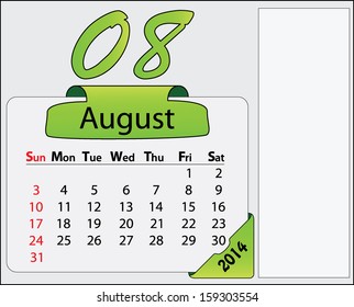 August 2014 calendar with green labels and free space. Abstract editable isolated Sunday start calendar vector design. 