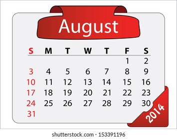 August 2014 calendar with red label. Abstract editable isolated Sunday start vector calendar design. 