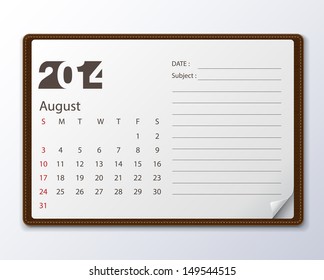 August 2014 Calendar, Vector illustration.