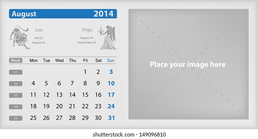 August 2014 Calendar and Zodiac Vector illustration. EPS 10