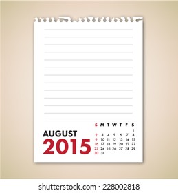August 2015 Calendar Note Paper Vector 