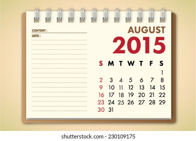 August 2015 Calendar Notebook Paper Vector 