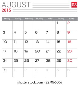 August 2015 calendar vector design template. Simple blank calendar illustration.