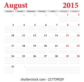 August 2015 -planning calendar. Weeks start on Monday.