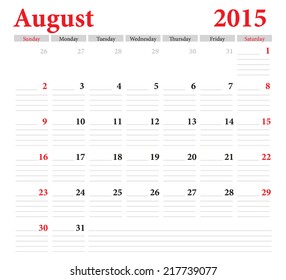 August 2015 -planning calendar. Weeks start on Sunday.