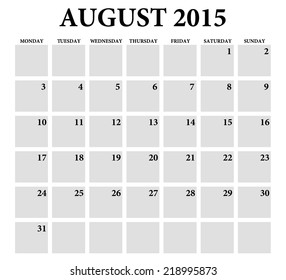 August 2015 -planning calendar. Weeks start on Monday.