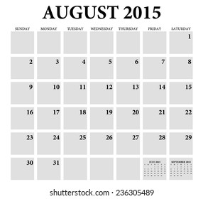 August 2015 -planning calendar. Weeks start on Sunday.