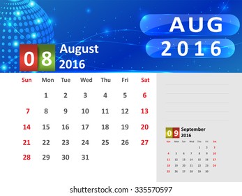 August 2016 Calendar, Abstract  Dotted Blue Globe 2016 Calendar, 2016 Calendar Vector Design. Vector Illustration.