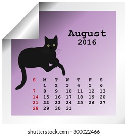 August 2016 Calendar with black cat silhouette