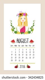 August. 2016 calendar with cute girl in wreath of seasonal flowers. Frame of grape vines. Can be used like greeting cards.