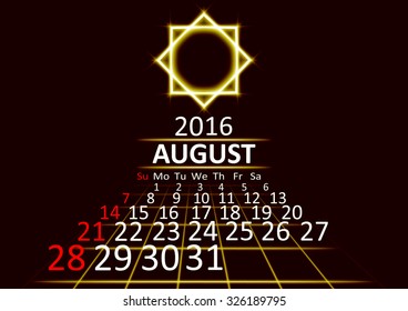 August 2016 calendar dark technology 3d style abstract background. Vector Illustration.