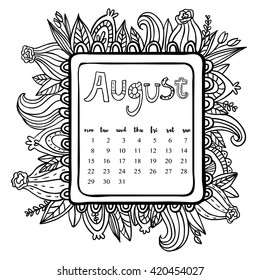 August 2016 calendar. Doodle frame. Cute floral decorated frame. Printable page.