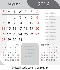 August 2016 Calendar - week starts with Sunday, vector illustration.