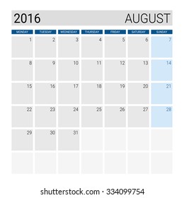 August 2016 calendar, weeks start from Monday