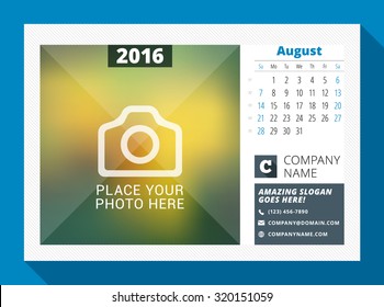 August 2016. Desk Calendar for 2016 Year. Vector Design Print Template with Place for Photo, Logo and Contact Information. Week Starts Sunday. Calendar Grid with Week Numbers