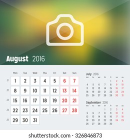 August 2016. Desk Calendar for 2016 Year. Vector Design Print Template with Place for Photo. Week Starts Monday. Calendar Grid with Week Numbers