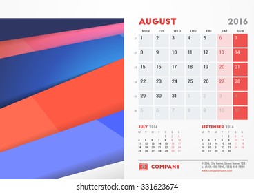 August 2016. Desk Calendar for 2016 Year. Vector Stationery Design Template with Material Design Abstract Background, Company Logo and Contact Information. Week Starts Monday