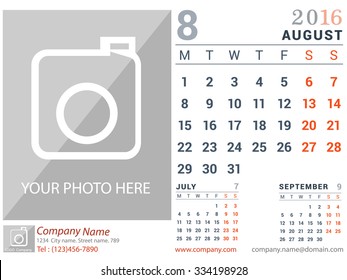 August 2016. Desk and Wall Monthly Calendar for 2016 Year. Vector Design Print Template with Place for Photo logo and description company. Week Starts Monday. Portrait Orientation