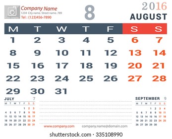 August 2016. Desk and Wall Monthly Calendar for 2016 Year. Vector Design Print Template with Place for Photo logo and description company. Week Starts Monday. Portrait Orientation